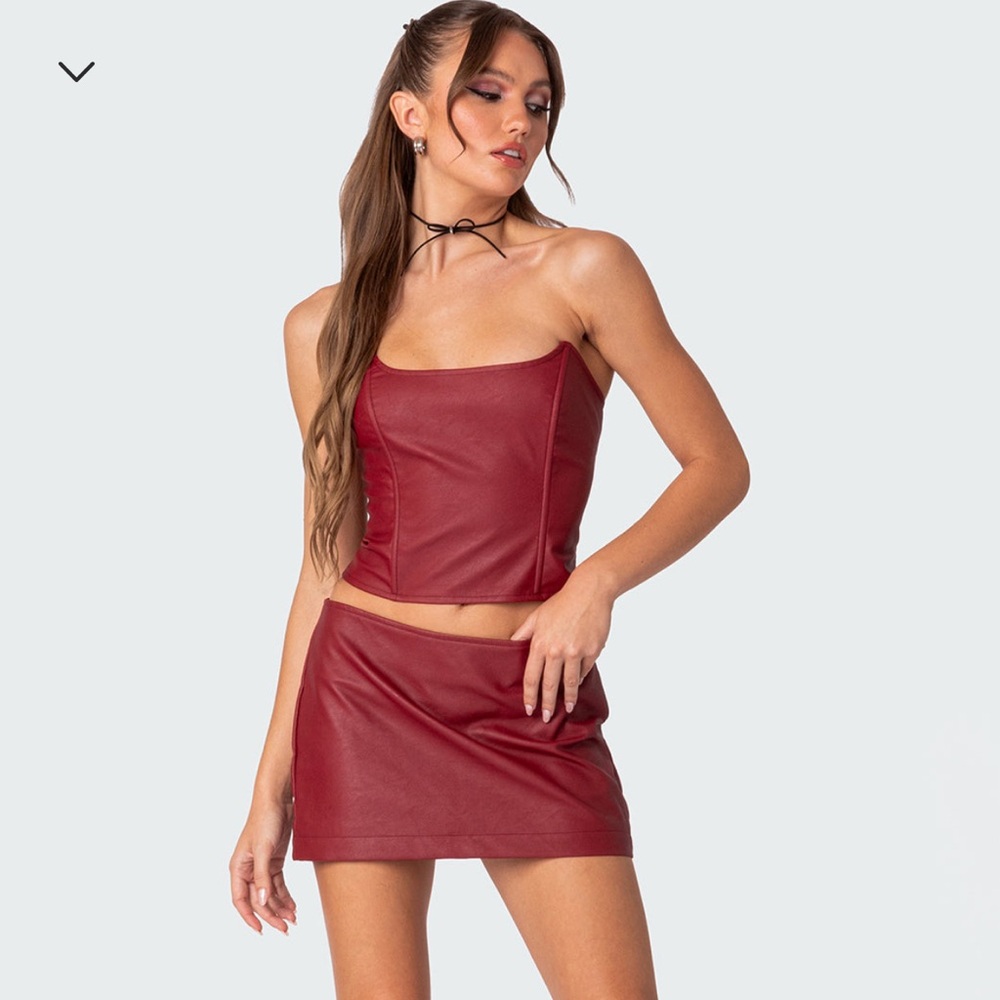 edikted red faux leather two piece set